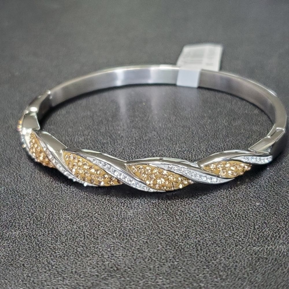 QVC Steel by Design Ribbed Design Crystal Hinge Bangle Bracelet 7"